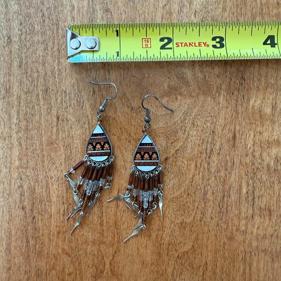 Native American Style Beaded Brown, Black, Cream, Peachy Orange Beaded Earrings - Picture 2 of 5